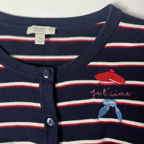 Talbots Je T’aime Paris France Cardigan Blue Red White French Hat Scarf P Small - Picture 5 of 7